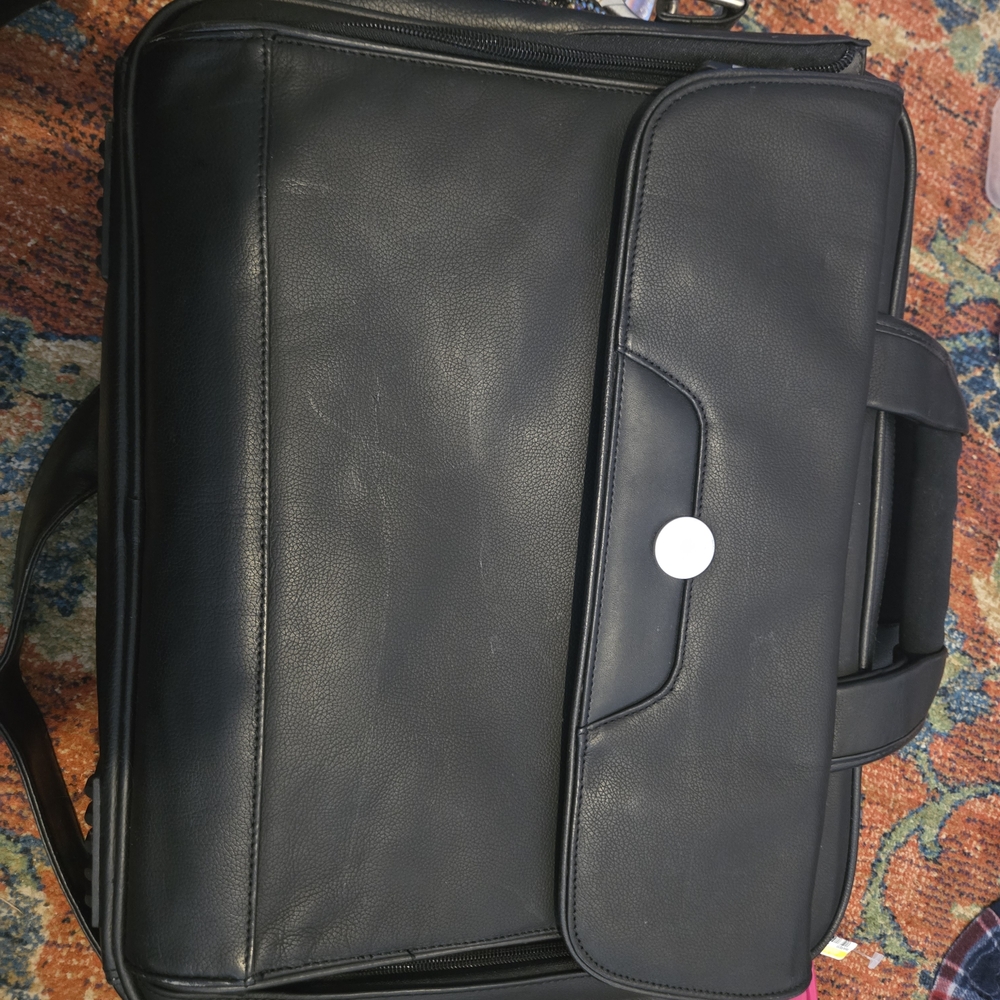 Dell Black Leather Laptop Briefcase with Front Flap Pocket
